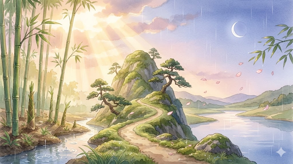 六十干支「乙丑」の着実な歩み、三日月の成長する光、雨水の恵み、そして風山漸の卦が教える「焦らず、しかし止まらず」の一日。