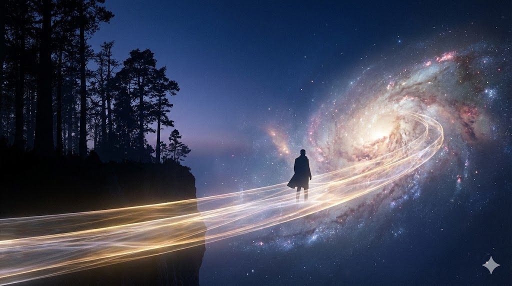 地上の豊かな森から壮大な宇宙へと続く「光の架け橋」を渡る人のシルエット。無限の可能性と自立を象徴するビジュアル。