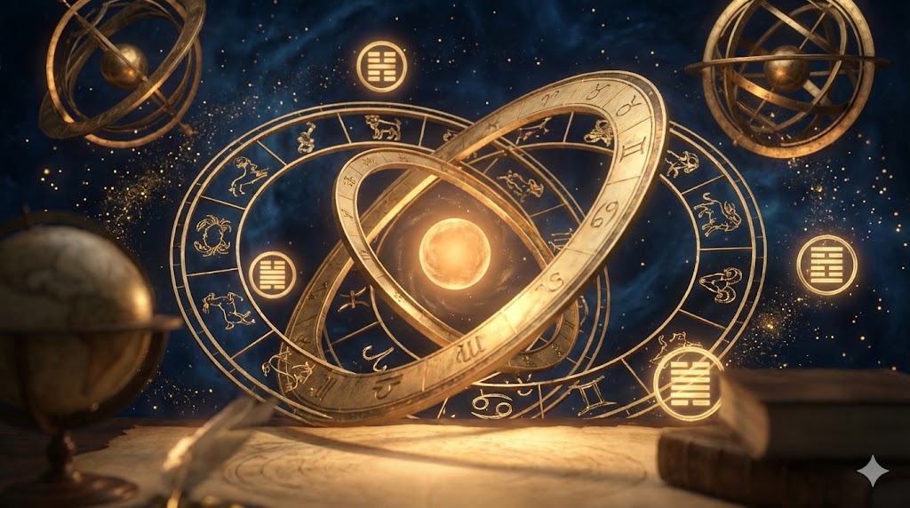 宇宙の運行を象徴する黄金の天球儀と易経のシンボルが宇宙空間に浮かぶ、神秘的で知的なビジュアル