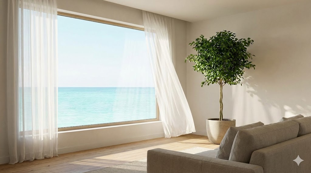 穏やかな海が見える部屋で光に向かって成長する一本の大樹。絶対安全地帯と、自分自身を築く自立心を象徴する。