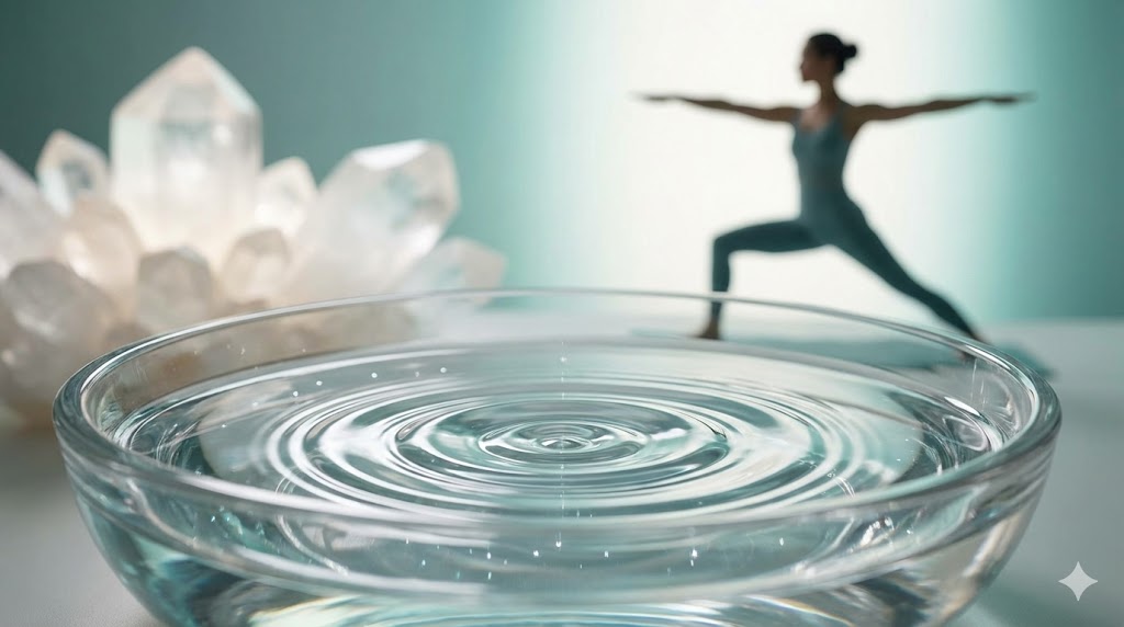 星明かりを映す清らかな水と、輝くミネラル。その背景にしなやかに動く人のシルエット。身体の清浄さと力強さを表現。