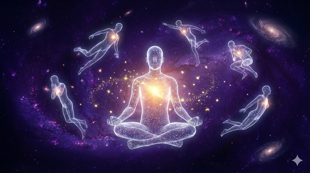 量子もつれをイメージした抽象的な光の粒、瞑想する人影、宇宙的な広がりなど